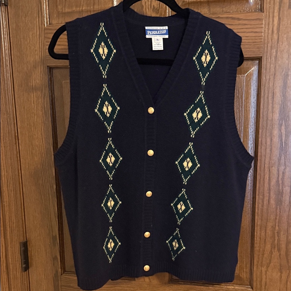 Pendleton Women's Navy V-Neck Sweater Vest with Gold Accents